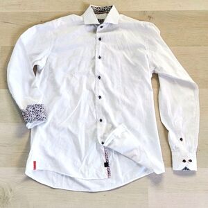 7 Downie St White Jacquard Mens M Button Up Shirt Floral Trim Couture Cotton